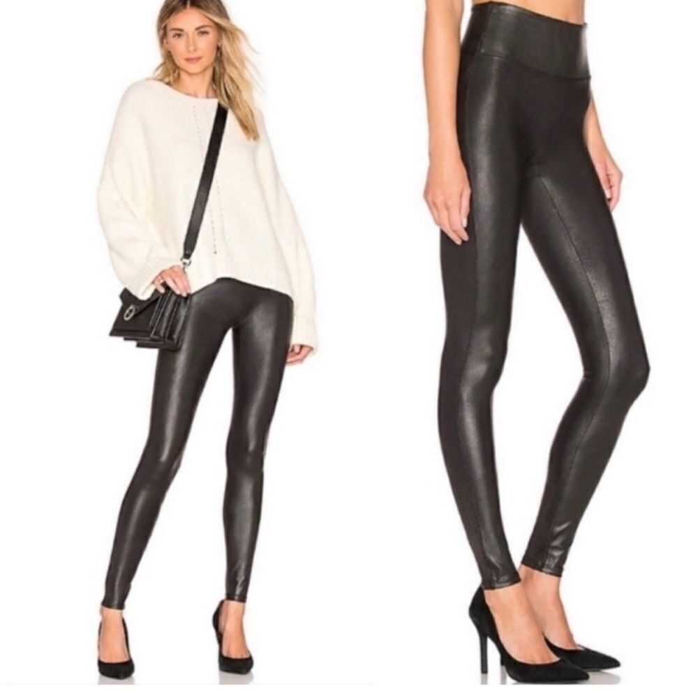SPANX Women’s Size L Black Faux Leather Built In Tummy Control Shaping Leggings